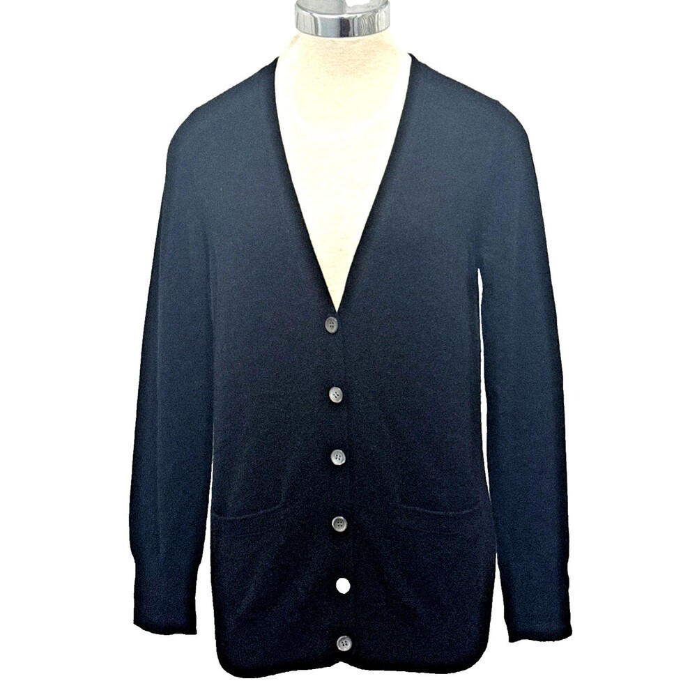J. CREW Women 100% Italian Cashmere Black Open Front Button Cardigan Sweater M